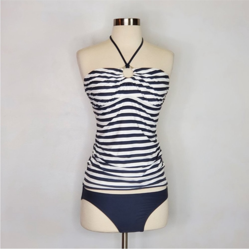 Michael Kors Grey and White Stripe Tankini Set S EUC